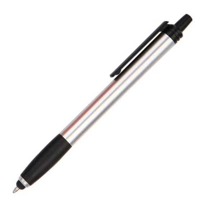 A stylus pen featuring a silver barrel with a black grip and clip, displaying a simple design.