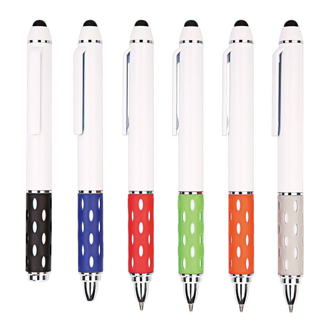 A set of six stylus pens in white with coloured grips: black, blue, green, orange, and grey. Each pen has a logo.