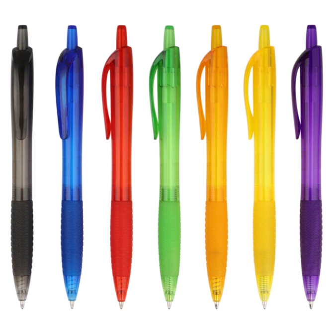 A set of Flare pens in black, blue, red, green, orange, and yellow, featuring a textured grip and click mechanism.