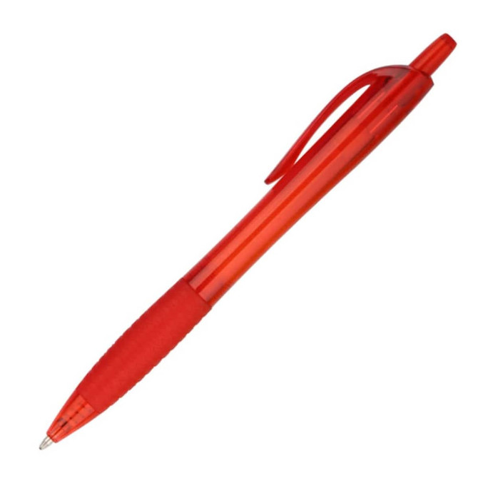 A red plastic pen with a smooth body and grip, featuring a clip and a branding logo.