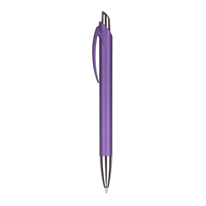 A purple plastic pen with a sleek design and a silver clip. The pen has a logo on its barrel.