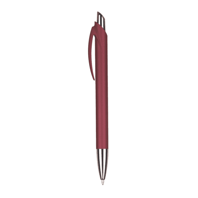 A maroon plastic pen with a sleek design and a silver tip, featuring a clip for easy attachment.