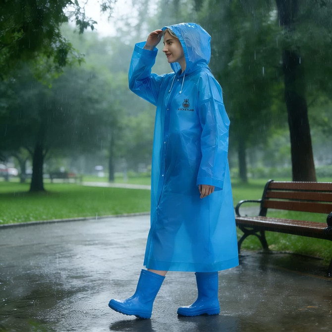 A blue reusable PEVA raincoat with a hood, worn by a person walking in the rain, features a logo on the side.