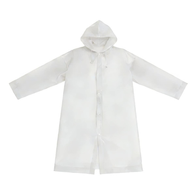 A transparent white raincoat featuring a hood and button closure, made from PEVA material. It has a logo.