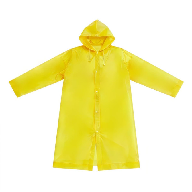 A yellow reusable PEVA raincoat with a hood, featuring a front button closure and long sleeves.