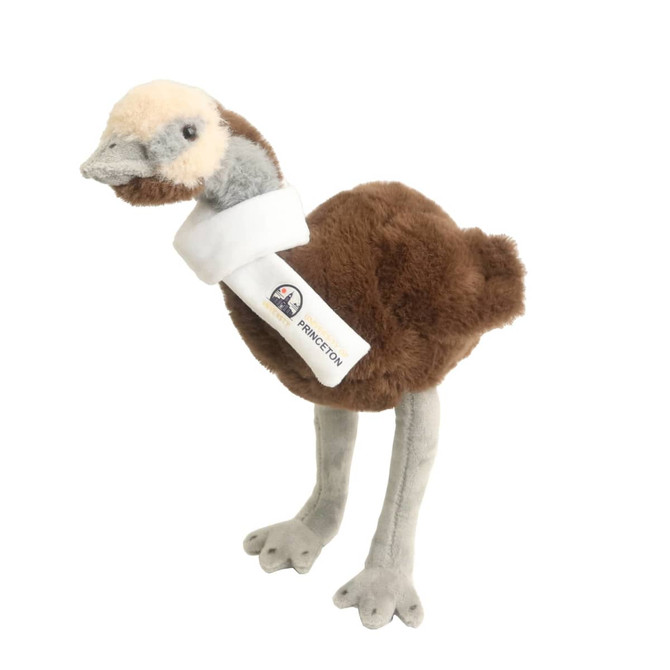 A brown and grey emu plush toy with a white collar and branding, standing upright on a white background.