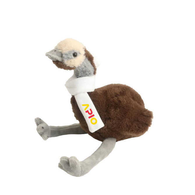 A plush emu toy in brown and grey, featuring a soft body and detailed facial features, with a logo on its collar.