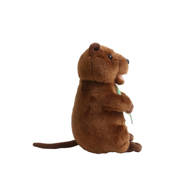 A brown quokka plush toy holding a stick, depicted in a side view with a simple white background.