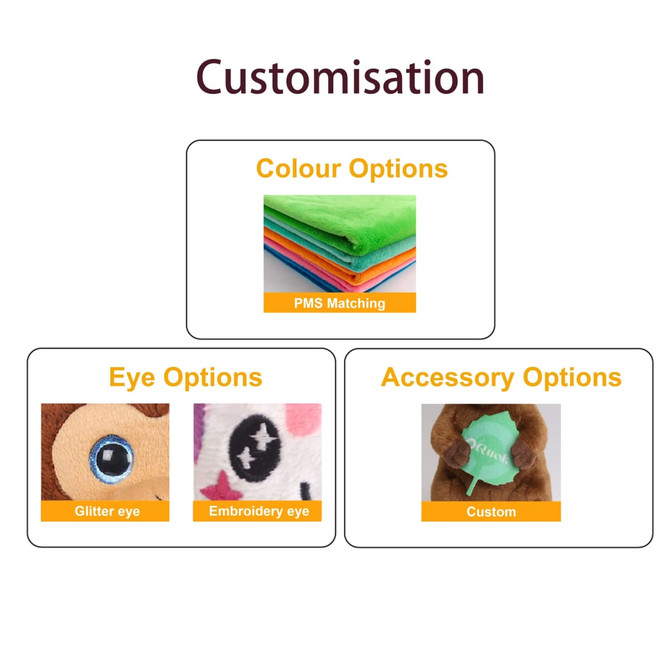 A display of customisation options for a plush toy, featuring various colour, eye, and accessory choices.