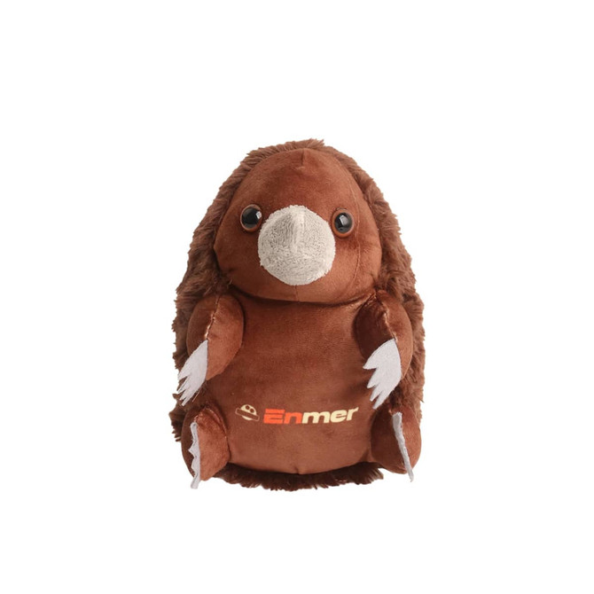 A brown echidna plush toy with grey accents and a small logo on its body. It has large eyes and a rounded shape.