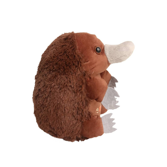 A brown echidna plush toy with a soft body, featuring a grey snout and flat silver spikes. It's cuddly and adorable.