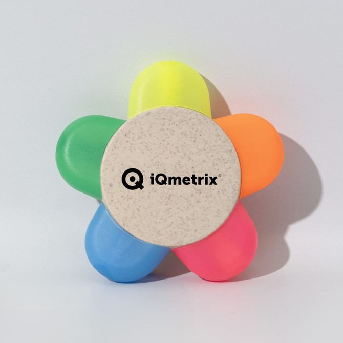 A flower-shaped highlighter featuring bright shades of pink, orange, yellow, and blue, with a central logo. A flower-shaped highlighter featuring bright shades of pink, orange, yellow, and blue, with a central logo.