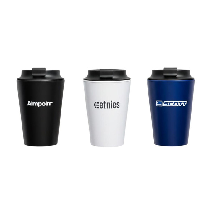 Three coffee mugs in black, white, and navy blue, each with a lid and featuring different logos.