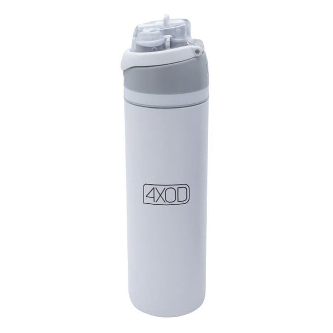 A drink bottle in white with grey accents, featuring a logo on the side and a flip-top lid.