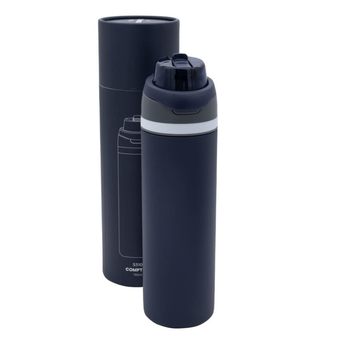 A drink bottle in navy blue with a grey accent, packaged in a matching cylindrical container. It features a logo.