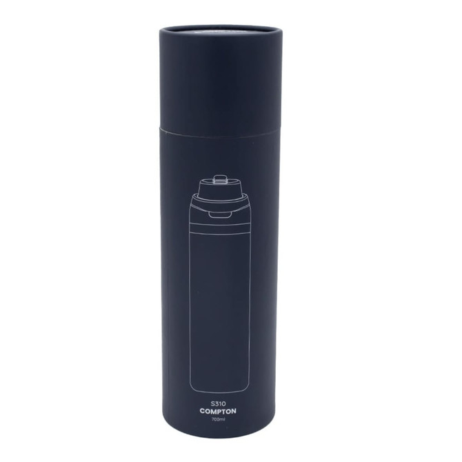 A drink bottle with a sleek black design, featuring a lid and a branding logo. Holds 700mL.