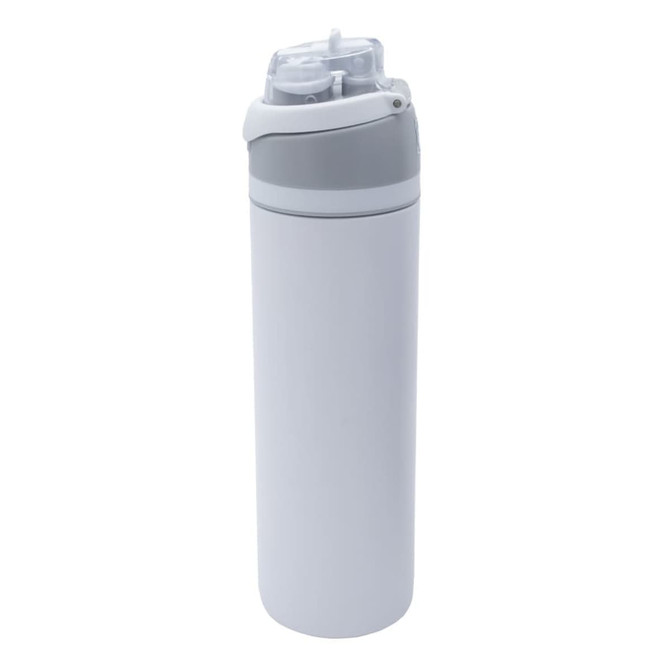A drink bottle in white with a grey top, featuring a flip cap and a logo on the side.