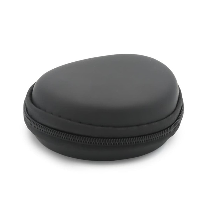 A black, soft-shell cylindrical case with a zipper closure, designed for storing small items.
