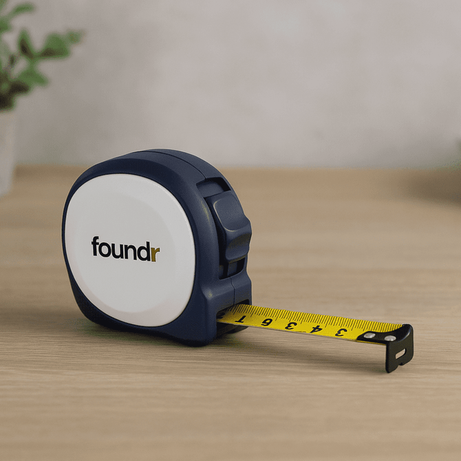 A navy tape measure with a white casing and yellow measurement tape extended, featuring a logo.