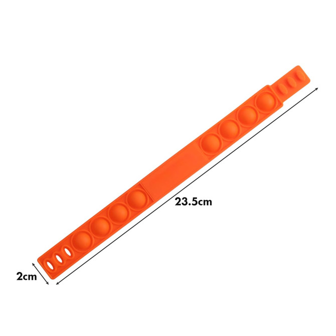 An orange fidget wristband with multiple bubble poppers, measuring 23.5 cm in length and 2 cm in width.