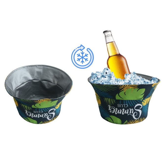 An insulated ice bucket in green and blue, featuring tropical leaf patterns, holding a drink bottle surrounded by ice.