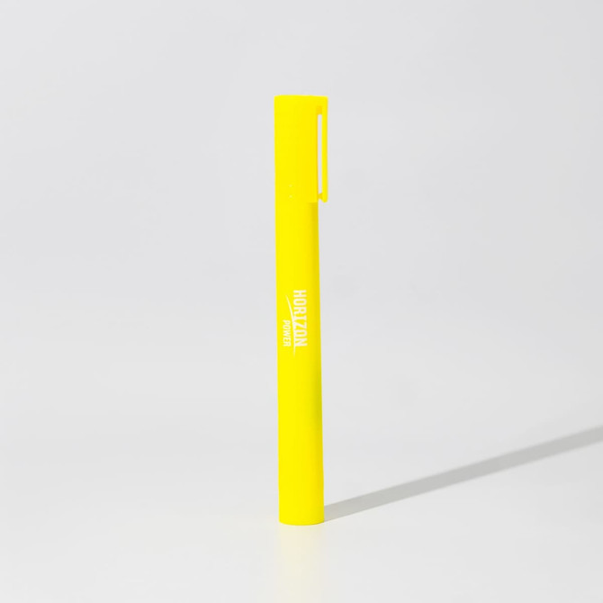 A bright yellow jumbo highlighter with a clip and a branding logo. A bright yellow jumbo highlighter with a clip and a branding logo.