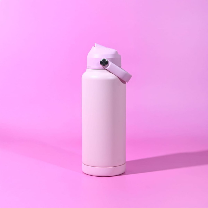 A drink bottle in light pink with a handle and a silver cap, featuring a logo.