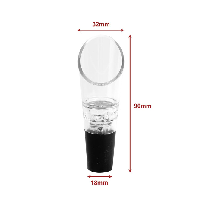A clear wine aerator with a black base, measuring 90mm in height and 32mm in diameter.