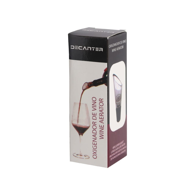 A wine aerator in a sleek box, featuring a black and burgundy design with a logo and image of the product.