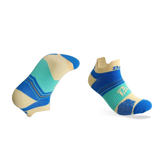 A pair of no show running socks in blue, mint green, and cream, featuring a logo on the side.
