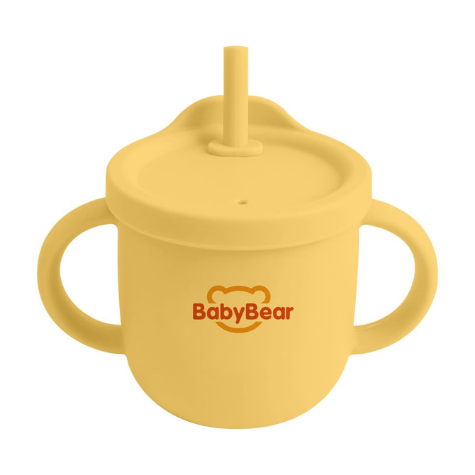 A drink bottle in yellow silicone with a straw and two handles, featuring a logo on the front.