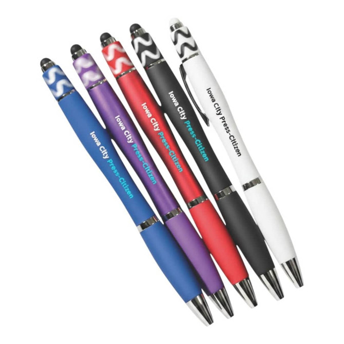 A set of five spinner fidget pens in colours including purple, blue, red, black, and white, featuring logos.