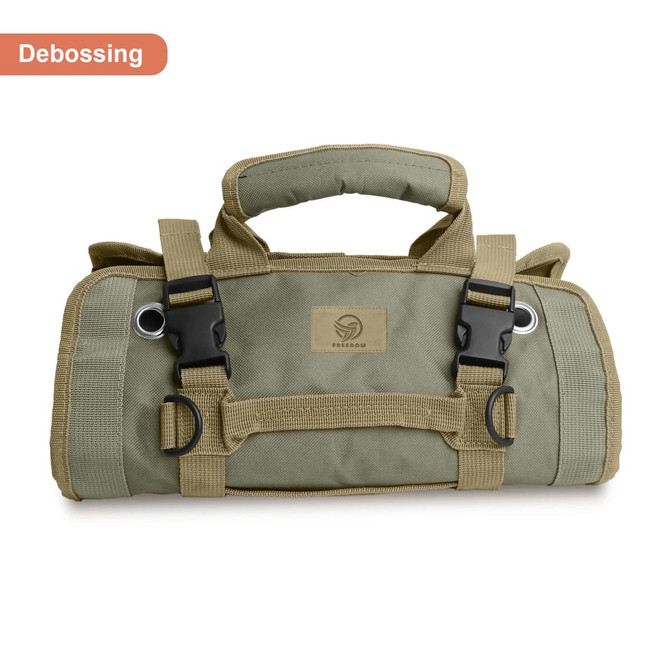 A green tool bag with a carry handle, adjustable straps, and a logo. Suitable for storing tools and accessories.