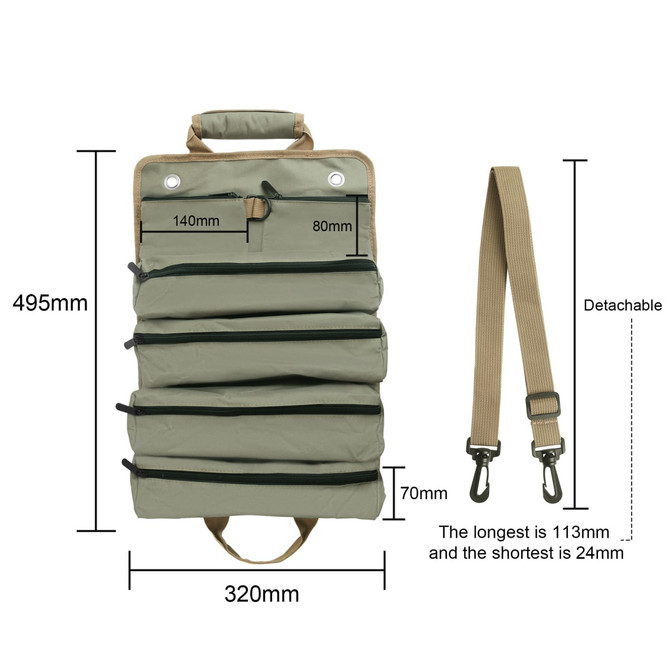A roll-up tool bag in olive green with multiple zippered compartments and detachable shoulder strap. Measures 495mm x 320mm.