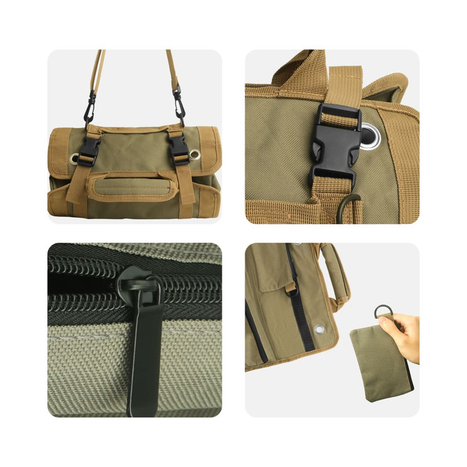 A green and tan roll up tool bag with adjustable straps, clips, zippers, and a pocket for tools. It features branding.