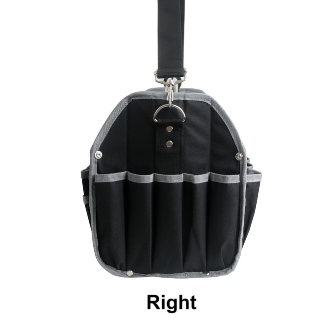 A black tool carrier bag with multiple pockets, featuring a strap and a ring for attachment. It has a logo.