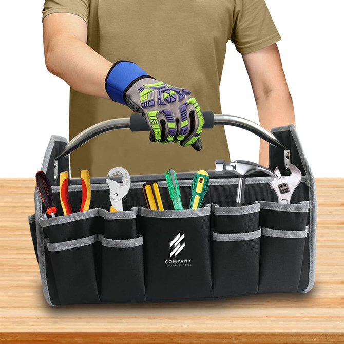 A black tool carrier bag filled with various tools, featuring a handle and multiple pockets for organisation.