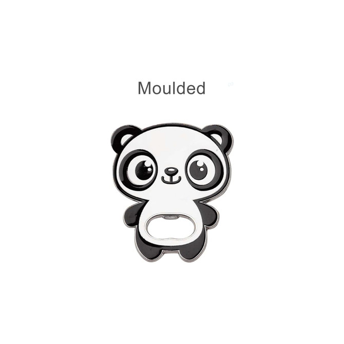 A drink bottle opener in the shape of a panda, featuring black and white colours with a logo.
