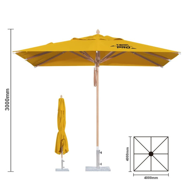 A yellow wind-resistant square outdoor umbrella with a wooden pole and a base, measuring 4x4m.