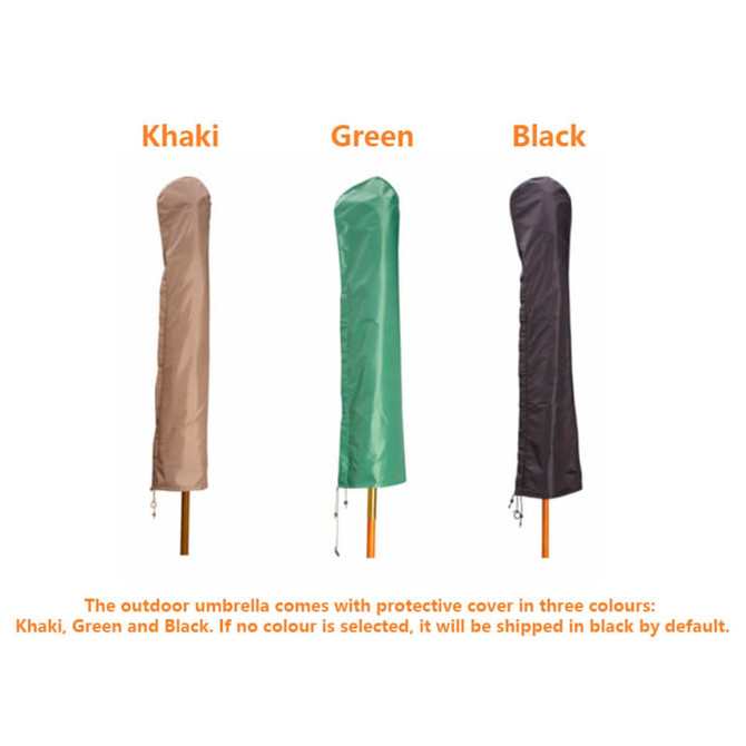 Three protective covers for outdoor umbrellas in khaki, green, and black, with a logo on the covers.