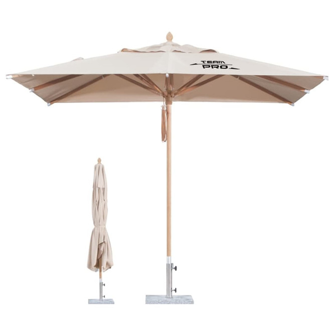 A 2x2m wind-resistant square outdoor umbrella in beige with a wooden pole and a base, featuring a logo.