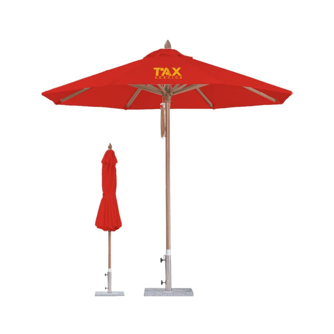 A red octagon outdoor umbrella with a wooden pole and a matching cover. It features a logo and a sturdy base.