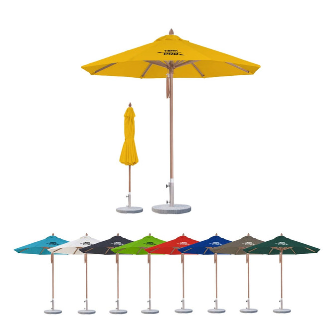 A yellow wind-resistant octagon outdoor umbrella with various colour options displayed. The umbrella has a logo.