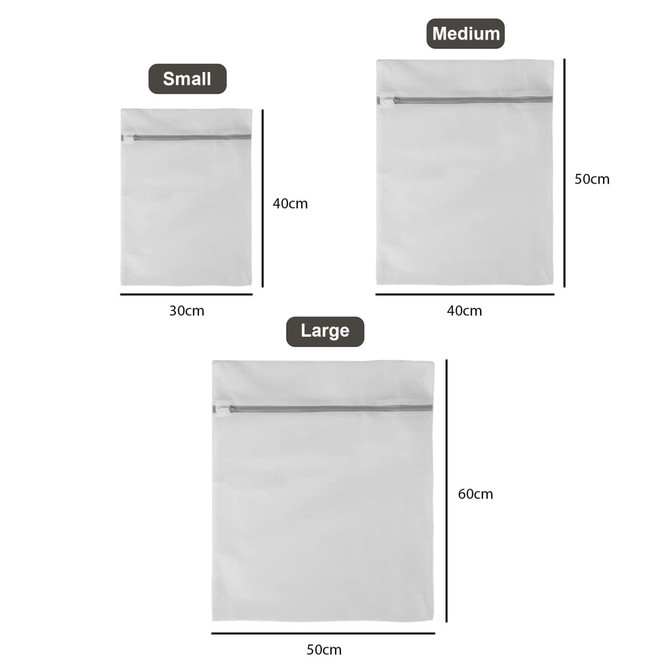 Three mesh laundry bags in varying sizes: small (30cm × 40cm), medium (40cm × 50cm), and large (50cm × 60cm), all in white.