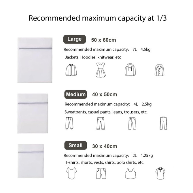 A range of mesh laundry bags in varying sizes: Large, Medium, and Small, each with capacity details.