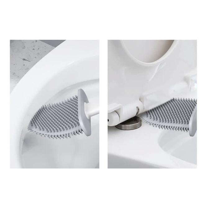 A silicone toilet brush in grey with a textured head, mounted against a white toilet bowl.