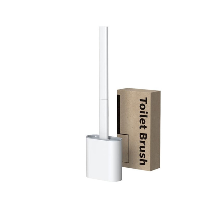 A silicone toilet brush with a white handle and a matching holder, accompanied by plain packaging.