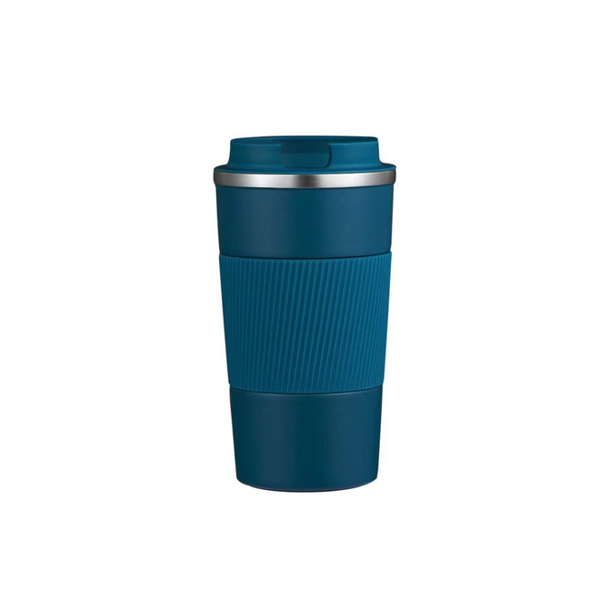 A stainless steel travel coffee mug in teal with a ribbed silicone grip and a lid. It features a logo. A stainless steel travel coffee mug in teal with a ribbed silicone grip and a lid. It features a logo.