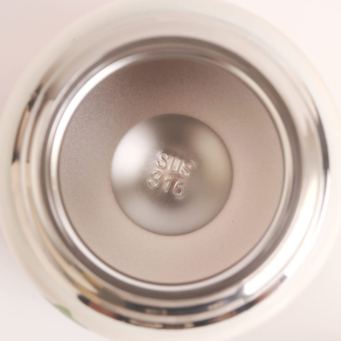 A stainless steel insulated food jar with a smooth metallic interior and a silver finish, featuring a circular base.