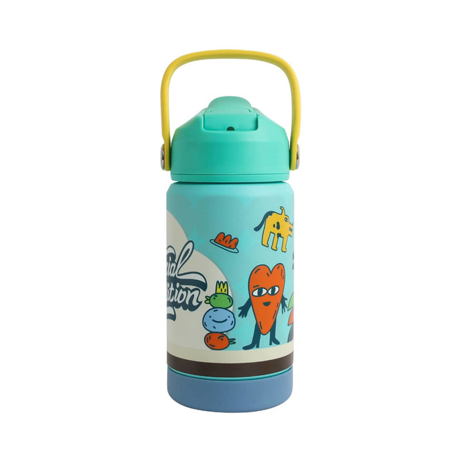 A drink bottle in turquoise and blue with whimsical cartoon graphics and a yellow handle. Features a logo.